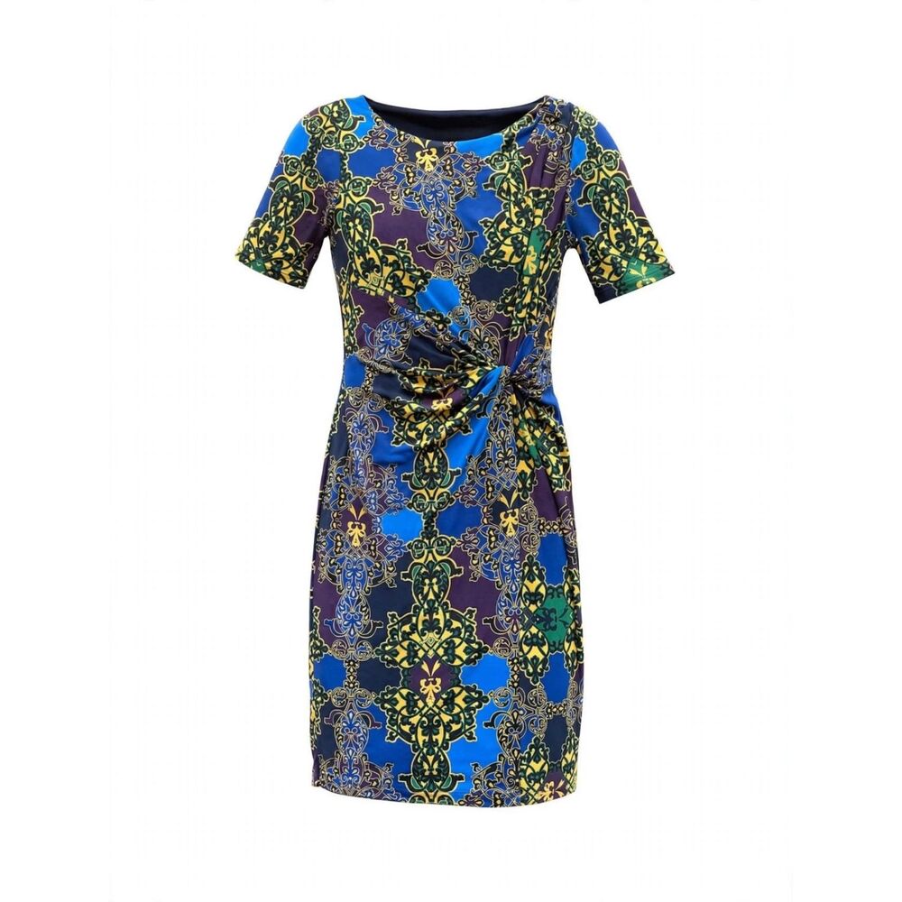 Ellen Tracy Blue and Green Patterned Knot-Front Sheath Dress S